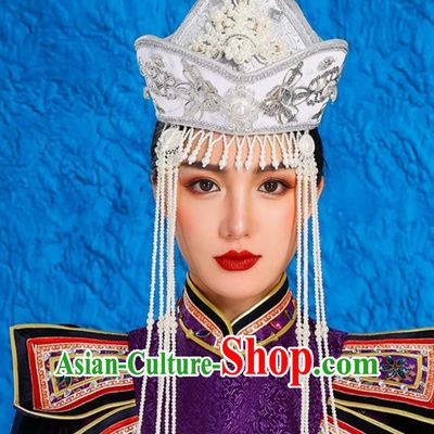 Mongolian Lady White Performance Hat Ethnic Dance Performance Headdress Wedding