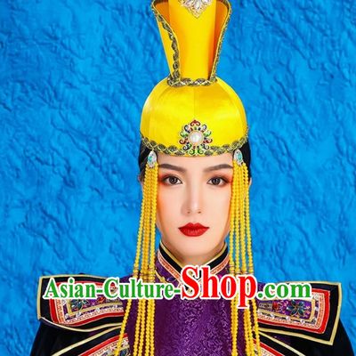 Mongolian Ladies Yellow Tall Hat Minority Style National Style Classical Tiara Catwalk Headwear