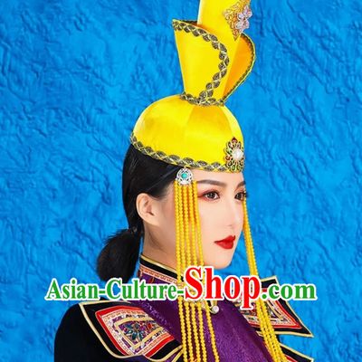 Mongolian Ladies Yellow Tall Hat Minority Style National Style Classical Tiara Catwalk Headwear