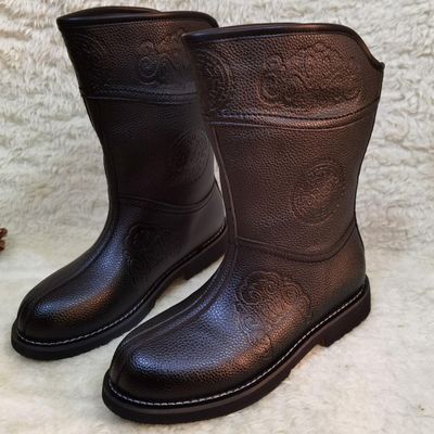 Chinese Mongolian Man Leather Boots Handmade Mongol Nationality Hero Black Shoes