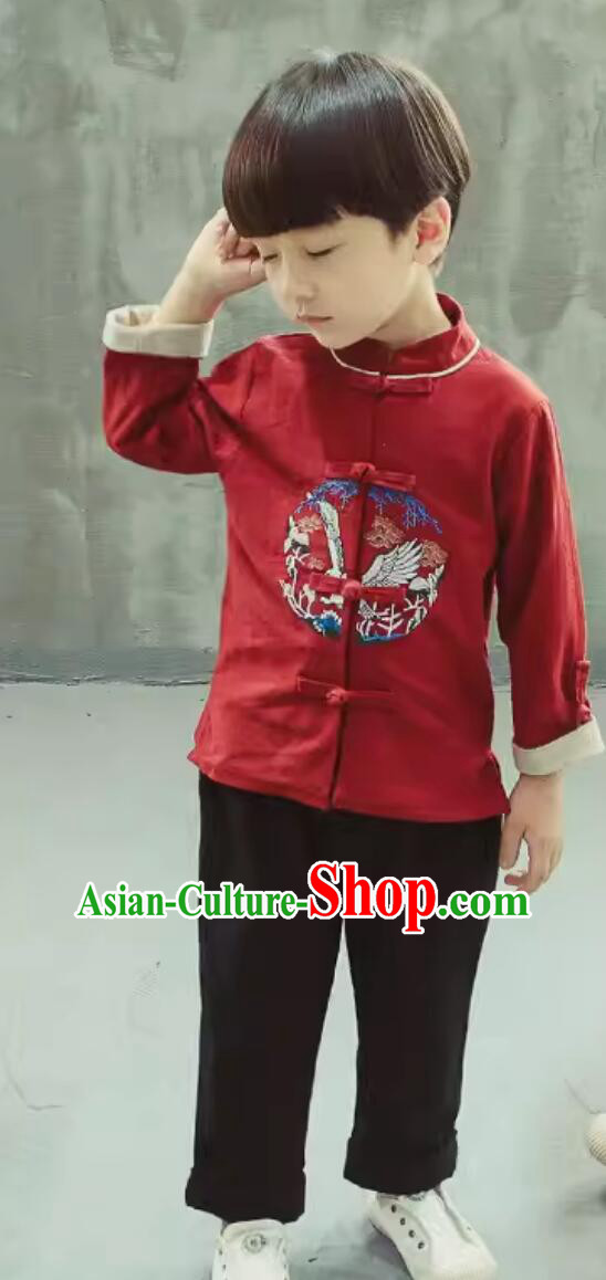 Chinese National Costumes Children Tang Suit Embroidered Eagle Red Shirt and Pants Complete Set Chinese National Costumes Children Tang Suit Embroidered Eagle Red Shirt and Pants Complete Set