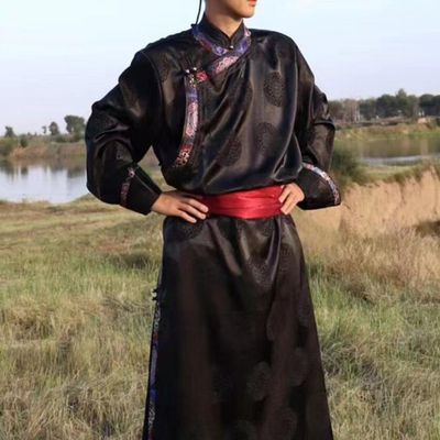 Chinese Mongolian Minority Folk Dance Clothing Mongol Nationality Costume Traditional Black Mongolian Robe