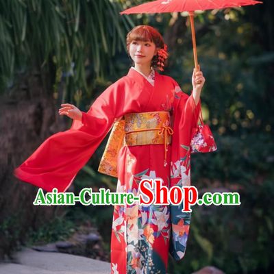 Asian Japan National Dress Japanese Traditional Garments Classical Lily Flowers Pattern Furisode Kimono for Women