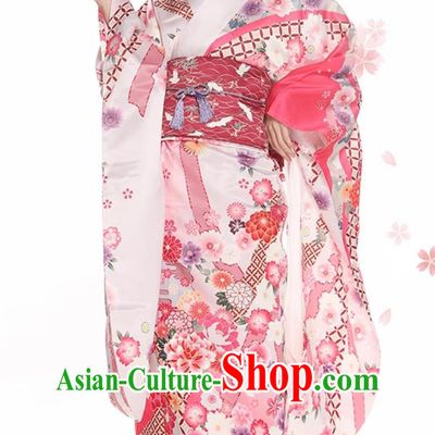 Asian Japan Classical Sakura Pattern Furisode Kimono National Pink Dress Japanese Traditional Garments