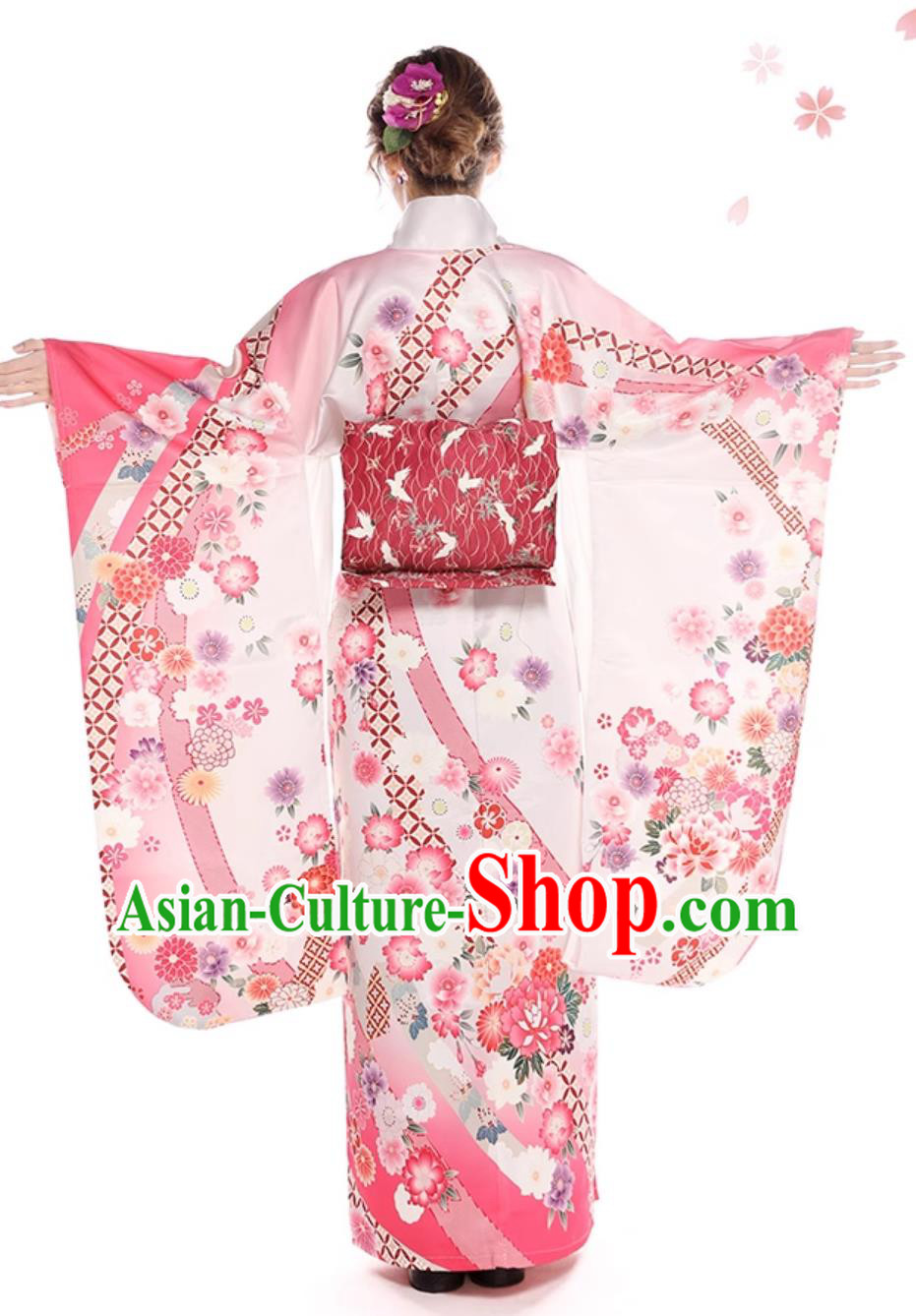 Asian Japan Classical Sakura Pattern Furisode Kimono National Pink Dress Japanese Traditional Garments Asian Japan Classical Sakura Pattern Furisode Kimono National Pink Dress Japanese Traditional Garments