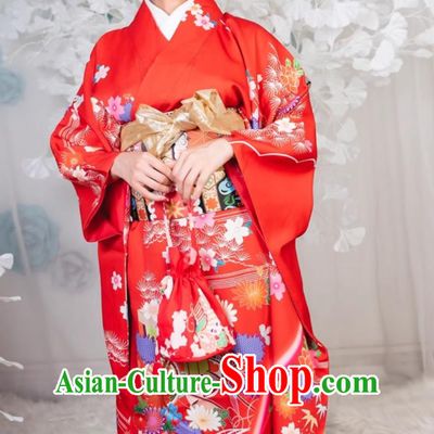 Japan Classical Red Furisode Kimono Top Japanese National Dress Traditional Orthodox Garments