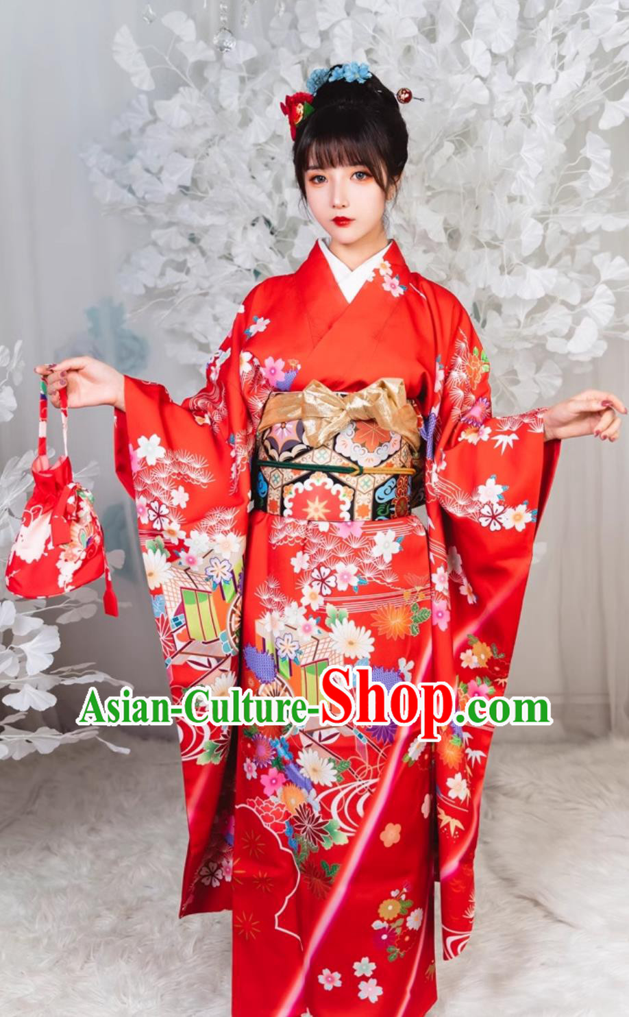 Japan Classical Red Furisode Kimono Top Japanese National Dress Traditional Orthodox Garments Japan Classical Red Furisode Kimono Top Japanese National Dress Traditional Orthodox Garments