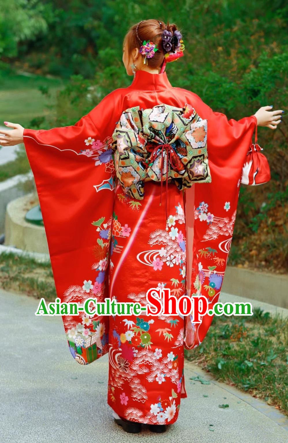 Japan Classical Red Furisode Kimono Top Japanese National Dress Traditional Orthodox Garments Japan Classical Red Furisode Kimono Top Japanese National Dress Traditional Orthodox Garments