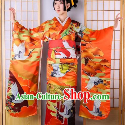 Japan Traditional Orthodox Garments Classical Crane Pattern Furisode Kimono Top Japanese National Dress