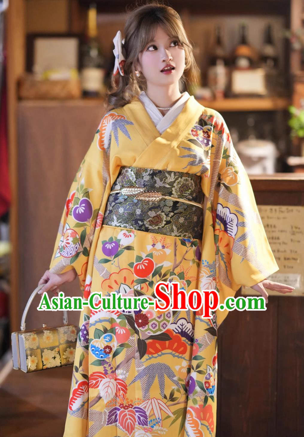 Japanese Large Shocksleeves Costume Traditional Kimono Ceremony Yellow Formal Dress Japanese Large Shocksleeves Costume Traditional Kimono Ceremony Yellow Formal Dress
