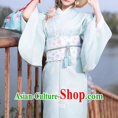 Japanese Light Blue Kimono Women Traditional Costume