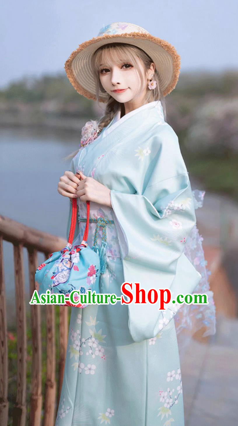 Japanese Light Blue Kimono Women Traditional Costume Japanese Light Blue Kimono Women Traditional Costume