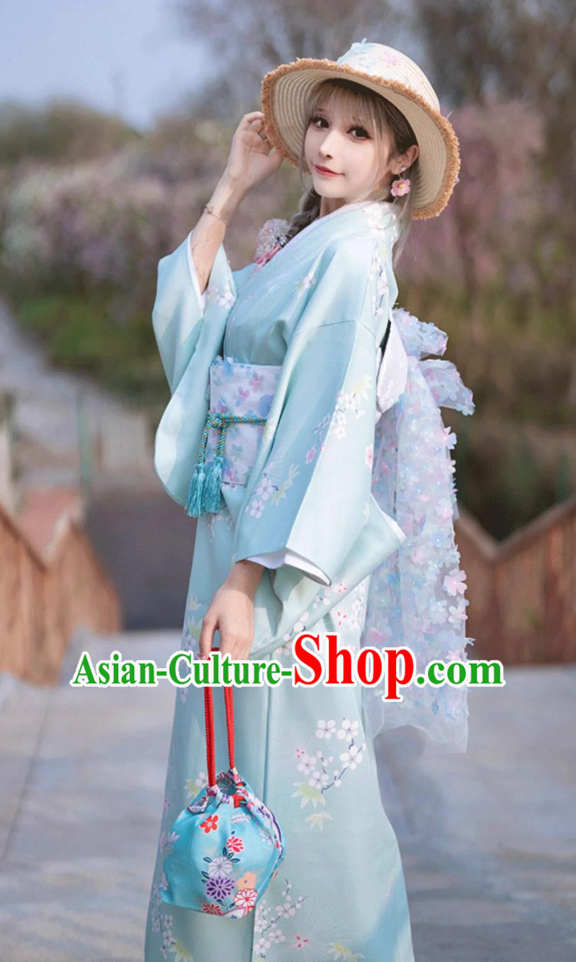 Japanese Light Blue Kimono Women Traditional Costume Japanese Light Blue Kimono Women Traditional Costume