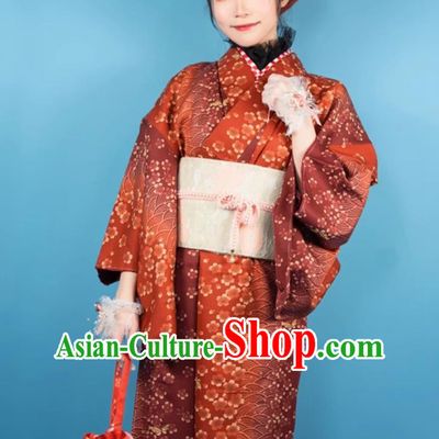 Orange Red Traditional Kimono Formal Dress For Women Japanese Taisho Floral Clothing