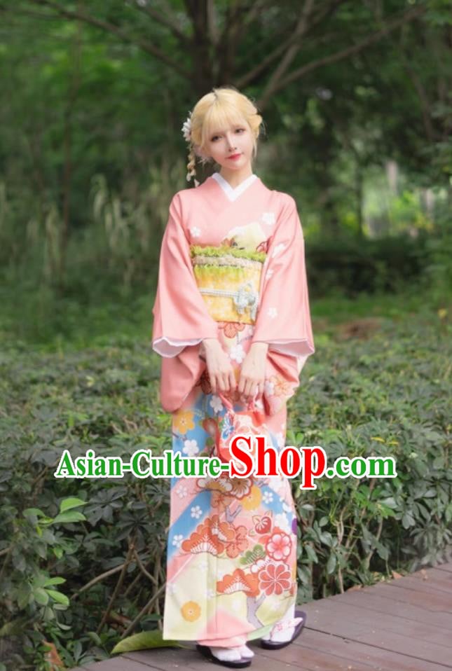 Printed Traditional Formal Japanese Kimono Women Visiting Kimono Pink Wedding Dress Printed Traditional Formal Japanese Kimono Women Visiting Kimono Pink Wedding Dress