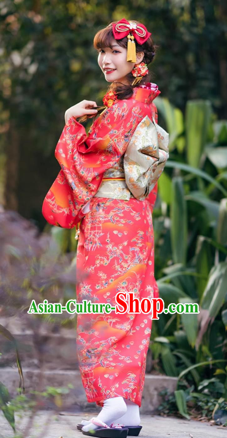 Japanese Kimono Red Floral Visit Attire Japanese Kimono Red Floral Visit Attire