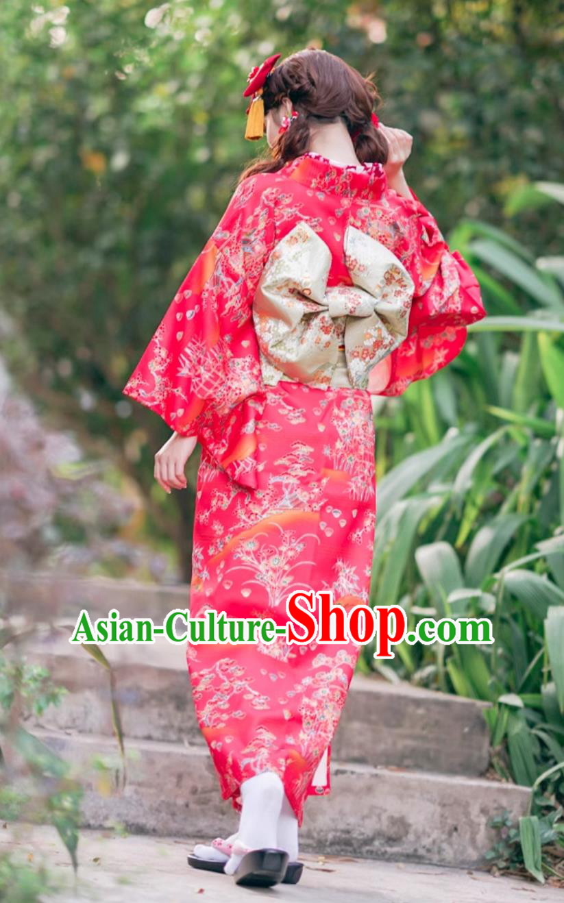 Japanese Kimono Red Floral Visit Attire Japanese Kimono Red Floral Visit Attire