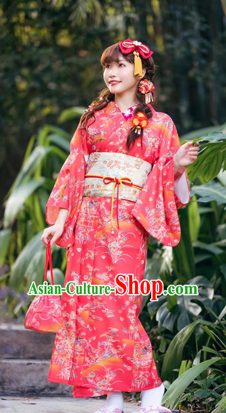Japanese Kimono Red Floral Visit Attire Japanese Kimono Red Floral Visit Attire