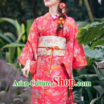 Japanese Kimono Red Floral Visit Attire