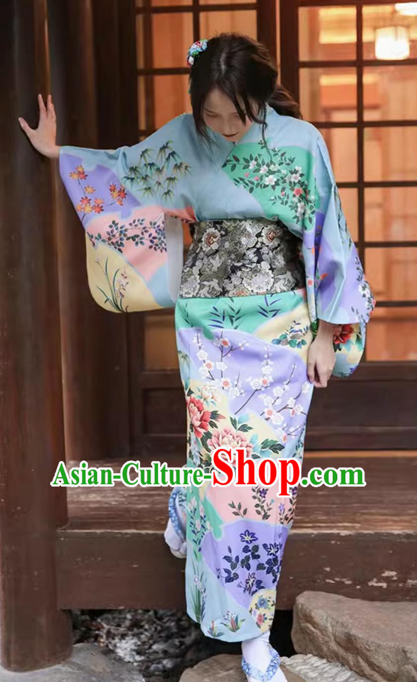 Japanese Kimono Women Blue Sakura Traditional Dress Improved Clothing Japanese Kimono Women Blue Sakura Traditional Dress Improved Clothing