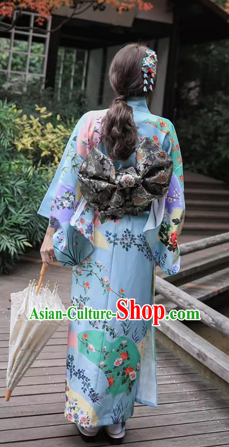 Japanese Kimono Women Blue Sakura Traditional Dress Improved Clothing Japanese Kimono Women Blue Sakura Traditional Dress Improved Clothing