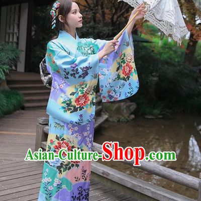 Japanese Kimono Women Blue Sakura Traditional Dress Improved Clothing