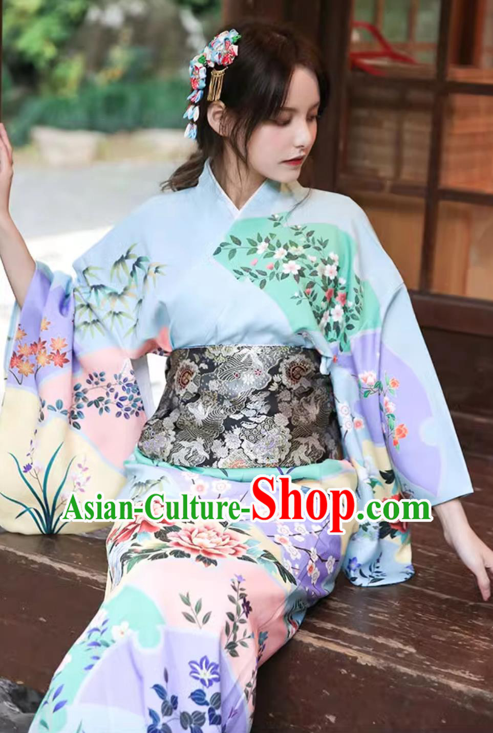 Japanese Kimono Women Blue Sakura Traditional Dress Improved Clothing Japanese Kimono Women Blue Sakura Traditional Dress Improved Clothing