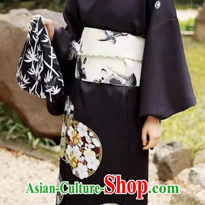 Japanese Kimono Women Improved Clothing Black Sleeves Formal Kimono Set