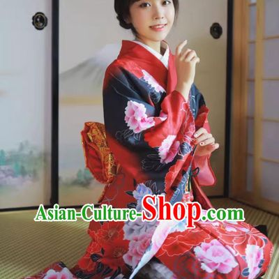Japanese Women Kimono Formal Attire Wine Red Floral Furisode Kimono