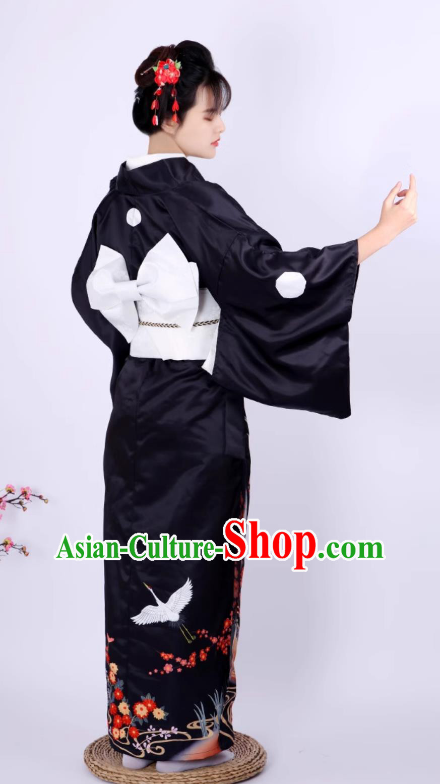 Japanese Kimono Women Formal Attire Traditional Black Sleeve Kimono Crane Kimono Set Japanese Kimono Women Formal Attire Traditional Black Sleeve Kimono Crane Kimono Set