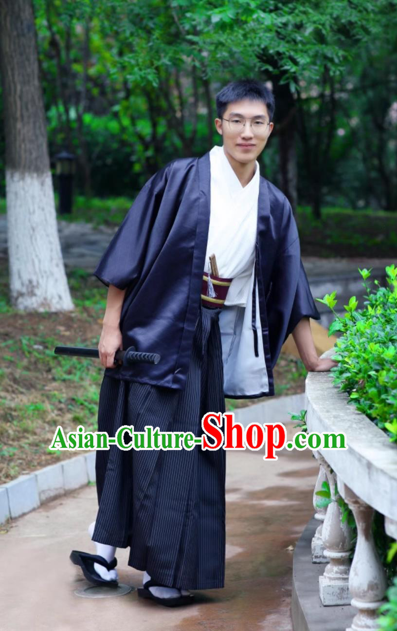 Japanese Kimono Men Formal Suit Kimono Bathrobe Traditional Hakama Set