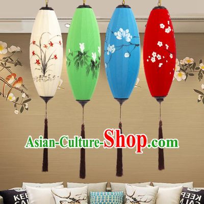 Chinese Fabric Artist Painting Olive Lamp Hanging Lantern Antique Palace Lamp