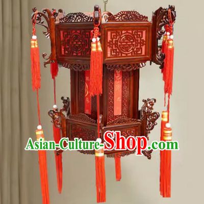 45cm Chinese Style Antique Solid Wood Hexagonal Palace Lantern Red Rose Pear Chinese New Year Lantern With The Word Fu