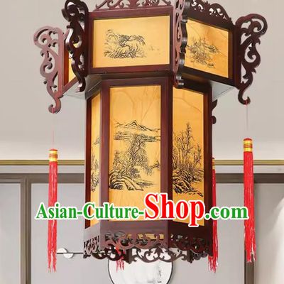 55cm Antique Palace Lantern Chinese Style Solid Wood Hexagonal Palace Lantern Yellow Sheepskin New Year Lantern