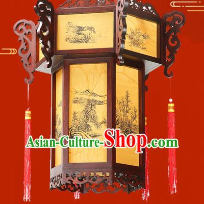 55cm Antique Palace Lantern Chinese Style Solid Wood Hexagonal Palace Lantern Yellow Sheepskin New Year Lantern