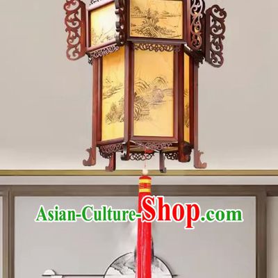 55cm Antique Palace Lantern Chinese Style Solid Wood Hexagonal Palace Lantern Yellow Sheepskin Landscape New Year Lantern