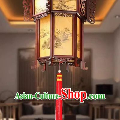 55cm Antique Palace Lantern Chinese Style Solid Wood Hexagonal Palace Lantern Yellow Sheepskin Landscape New Year Lantern