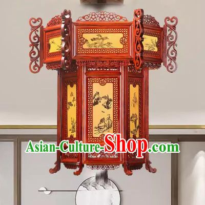 55cm Antique Palace Lantern Chinese Style Solid Wood Hexagonal Landscape Palace Lantern Yellow Sheepskin New Year Lantern
