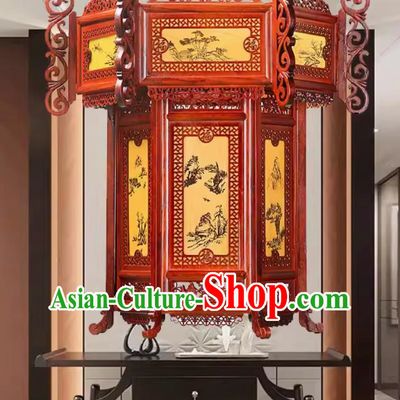 55cm Antique Palace Lantern Chinese Style Solid Wood Hexagonal Landscape Palace Lantern Yellow Sheepskin New Year Lantern