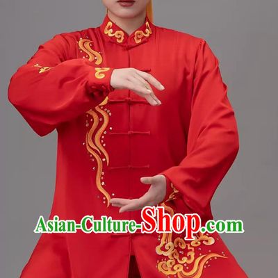 Chinese Red Embroidered Xiangyun Tai Chi Performance Competition Wear Tai Chi Suit