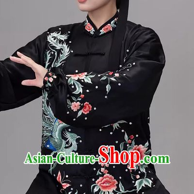Black Embroidered Phoenix Silk Drooping And Elegant Tai Chi Suit Tai Chi Competition Practice Ba Duan Jin Set