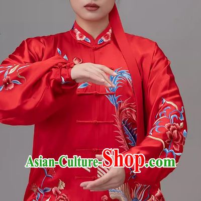 Silk Tai Chi Suit With Embroidered Phoenix For Female Training Suit Red Competition Suit