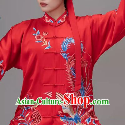 Silk Tai Chi Suit With Embroidered Phoenix For Female Training Suit Red Competition Suit