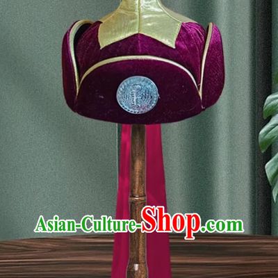 Burgundy Men Mongolian Hat Ethnic Style Dance Performance Ancient Crown Prince Hat Headwear