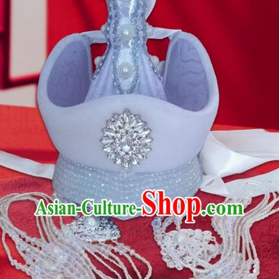Ladies White Bright Diamond Mongolian High Hat Ethnic Style Wedding Bridal Tassel Headdress