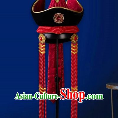 Mongolian Wedding Headdress Hat Princess Hat Heavy Industry Ethnic Dance Performance Female Bride Red Hair Accessories