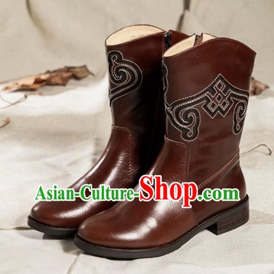 Mongolian Women Pure Leather Dance Performance Test Boots For Ethnic Minorities Medium High Martin Boots High Heels Burgundy