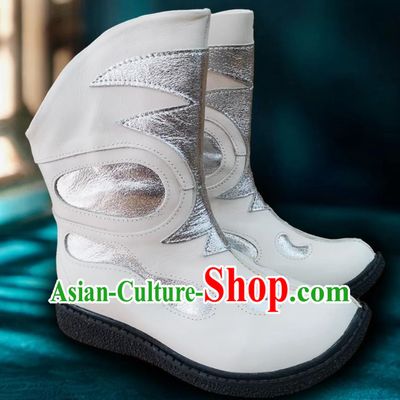 Silver White Children Mongolian Boots Autumn And Winter Ethnic Style Leather Boots Genuine Leather Martin Boots Knight Boots Dance Performance Boots
