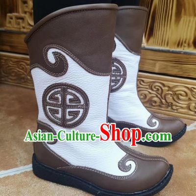 Dark Brown Children Mongolian Boots Ethnic Style Genuine Leather Knight Boots Martin Boots For Boys And Girls Dance Performances Daily Wear Boots