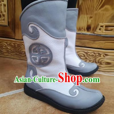 Light Gray Children Mongolian Boots Ethnic Style Genuine Leather Knight Boots Martin Boots For Boys And Girls Dance Performances Daily Wear Boots